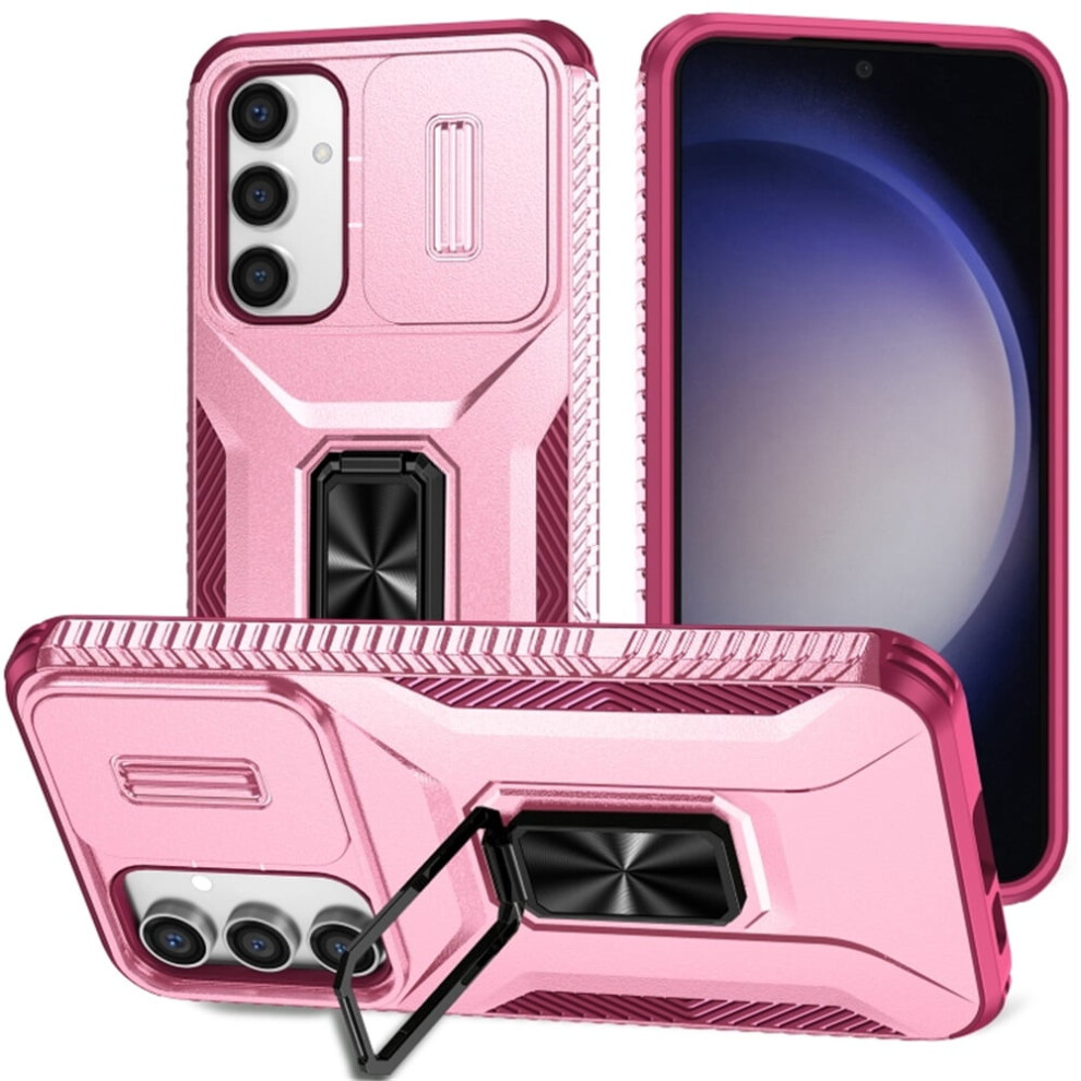 Slim Fit Shockproof Hybrid Case For Samsung Galaxy S23 Fe 5G – Military-Grade, Slide Camera Cover & Rotated Ring Kickstand, Pink 9170372122943