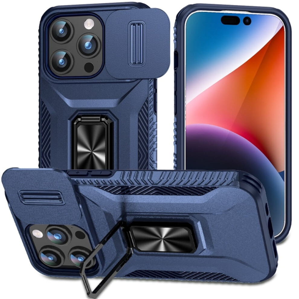Slim Fit Shockproof Hybrid Case For Iphone 15 ProâMilitary-Grade, Slide Camera Cover & Rotated Ring Kickstand, Blue 9165521621569