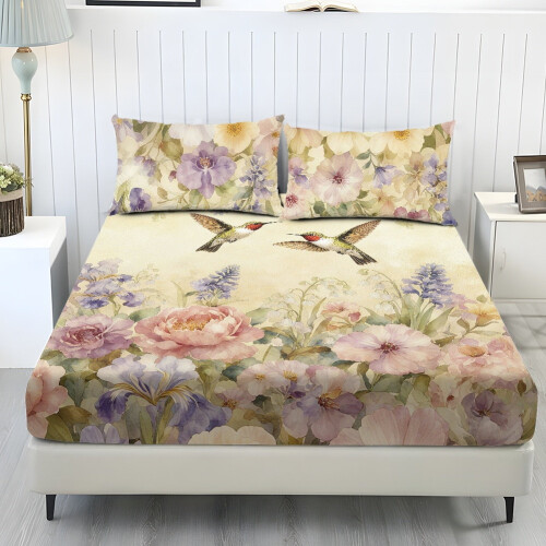 Σετ σεντόνια Hummingbird Floral, 3 τεμάχια, ελαφριά και άνετα κλινοσκεπάσματα, ελαστικό