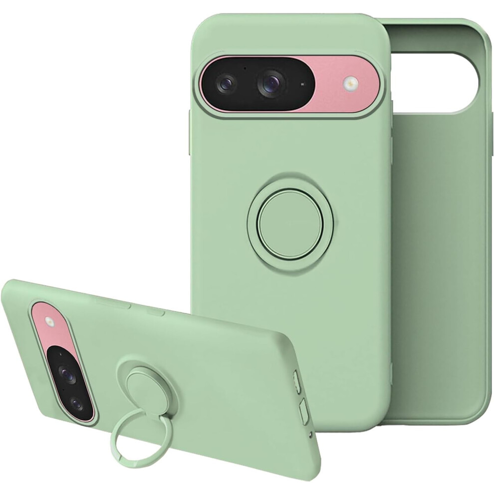 Compatible With Google Pixel 9 Case Â Silicone Liquid Case With Ring Kickstand, Soft Microfiber Lining & Shockproof Protection Green 9165521624492