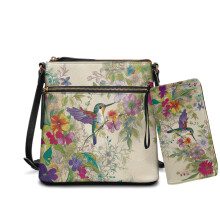 Set aus Umhängetasche und Geldbörse aus PU-Leder mit Kolibri-Blumenmuster für Damen – Geräumige Tasche mit verstellbarem Riemen, geeignet für