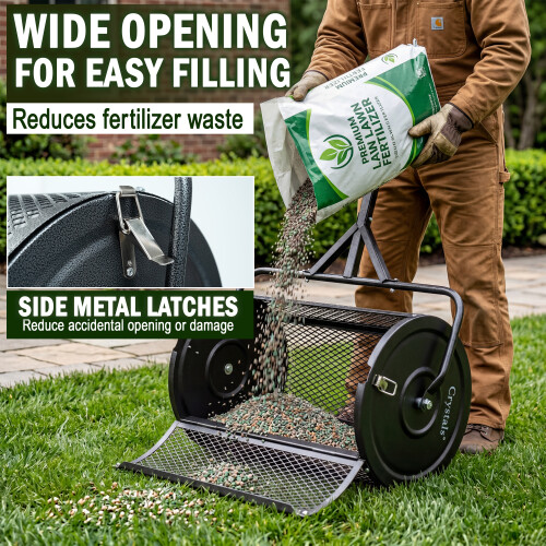 24" Steel Compost Spreader Roller Overseeding Peat Grass Seed Manure Topsoil 70L 2