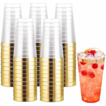 16 oz Gold Plastic Cups, 100 Pack Clear Plastic Cups Tumblers Gold Rimmed Cup, Heavy-duty Disposable Cup Perfect for Wedding & Party