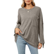 Damski sweter Basic Tee, prosty sweter z długim rękawem, lekki top z okrągłym dekoltem i obniżonymi ramionami, miękka tkanina, casualowa tunika