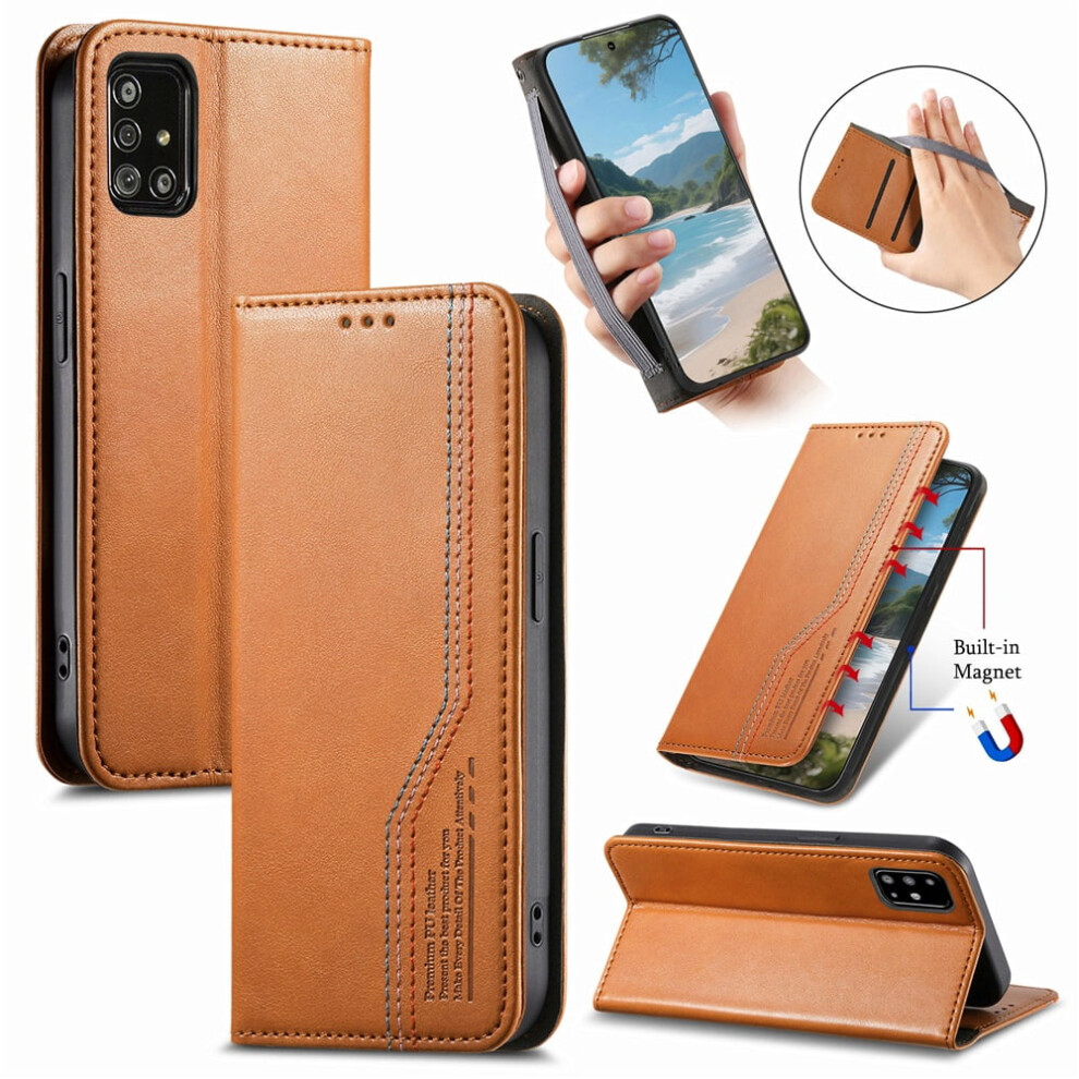For Compatible With Samsung Galaxy A71 5G 6.7-Inch Case,Elastic Wristband Magnetic Suction Closure Flip Stand Wallet Leather Phone Case, Brown 9558633030631