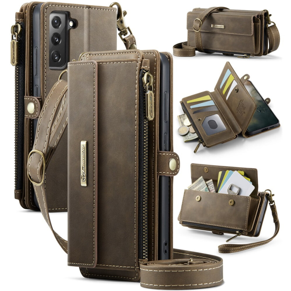 Caseme Wallet Case For Samsung Galaxy S22 5G Â Rfid Blocking Pu Leather Flip Cover With Kickstand, Wrist Strap, Zipper & Card Slots, Coffee Brown 9558633030891