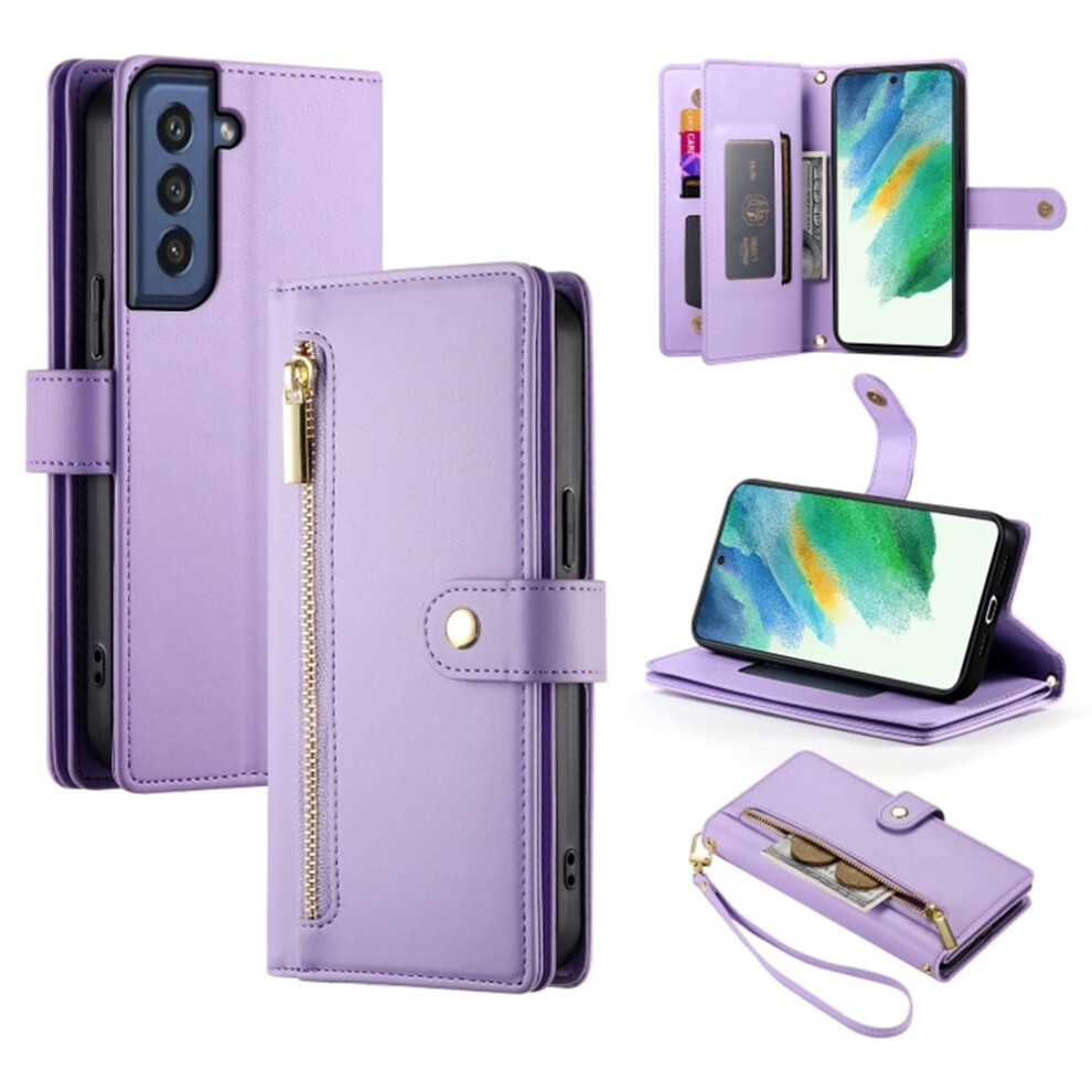 Leather Wallet Case For Samsung Galaxy S21 Fe 5G (6.4"), With Multi-Card Slots, Zipper Pocket, Lanyard & Wristlet Purple 9558633029659