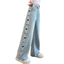 AWZXDE Girls Denim Jeans Fashion Side Panel Heart Detail, Relaxed Flattering Big Kids Embroidered Wide Leg Long Pants Blue,6-7 Years