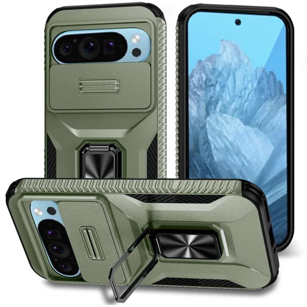 Slim Shockproof Hybrid Case For Google Pixel 9 / 9 Pro, Slide Camera Cover & Rotated Ring Kickstand, Military-Grade, Alpine Green 9558633026870