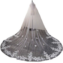 4m One Layer Cathedral Wedding Veil White Lace Edge Bridal Veil With Comb Appliqued Real Photo