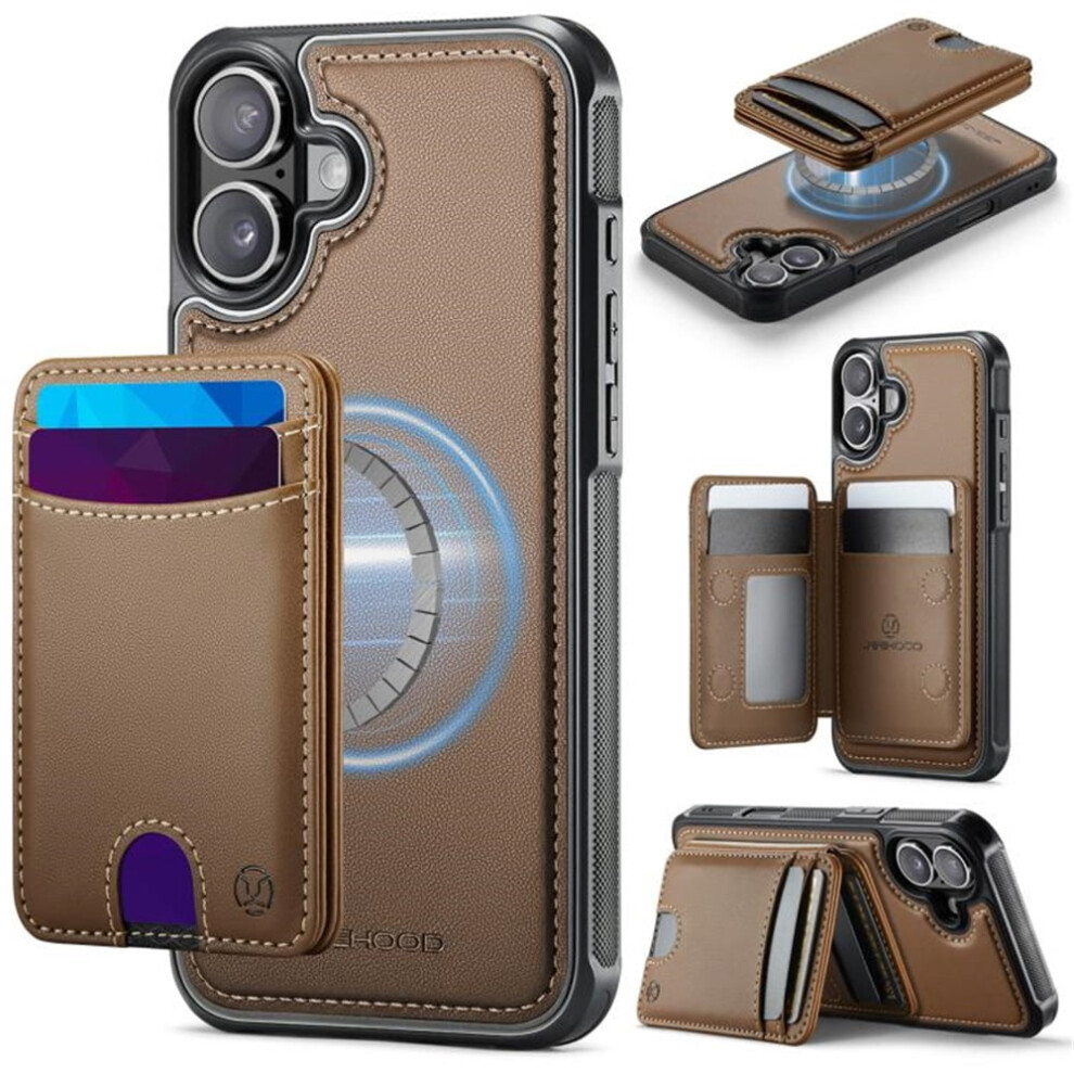 Jeehood Case For Iphone 16: Rfid-Blocking Pu Leather, Magsafe-Compatible 2-In-1 Wallet With Push Card Holder & Kickstand, Brown 9558633027235