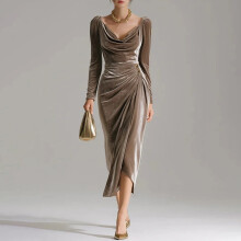 Samt-Bodycon-Kleid für Damen, Maxikleid mit Wasserfallausschnitt, langen Ärmeln und hohem Schlitz – Geeignet für Hochzeitsgäste und Partys im