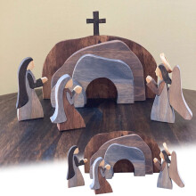Easter Resurrection Scene Wooden Decor – Jesus Figurine Set for Tabletop, Shelf Display, Brown, Compatible with Easter & Spring Festivals