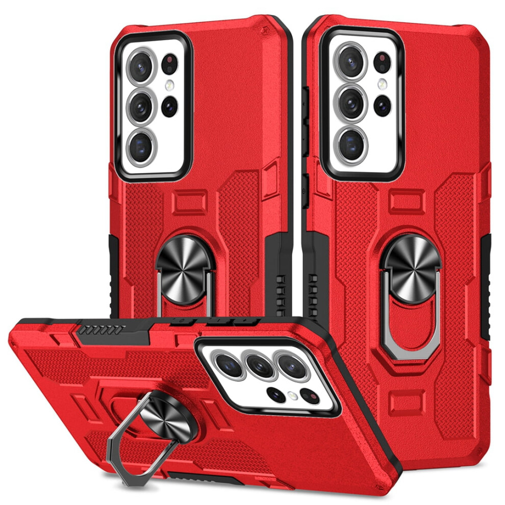 Rugged Defender Case For Samsung Galaxy S21 Ultra 5G (6.8") Â Ring Holder, Kickstand, Anti-Fingerprint, Non-Slip, Anti-Drop; Compatible With S21 Red 9485826616313