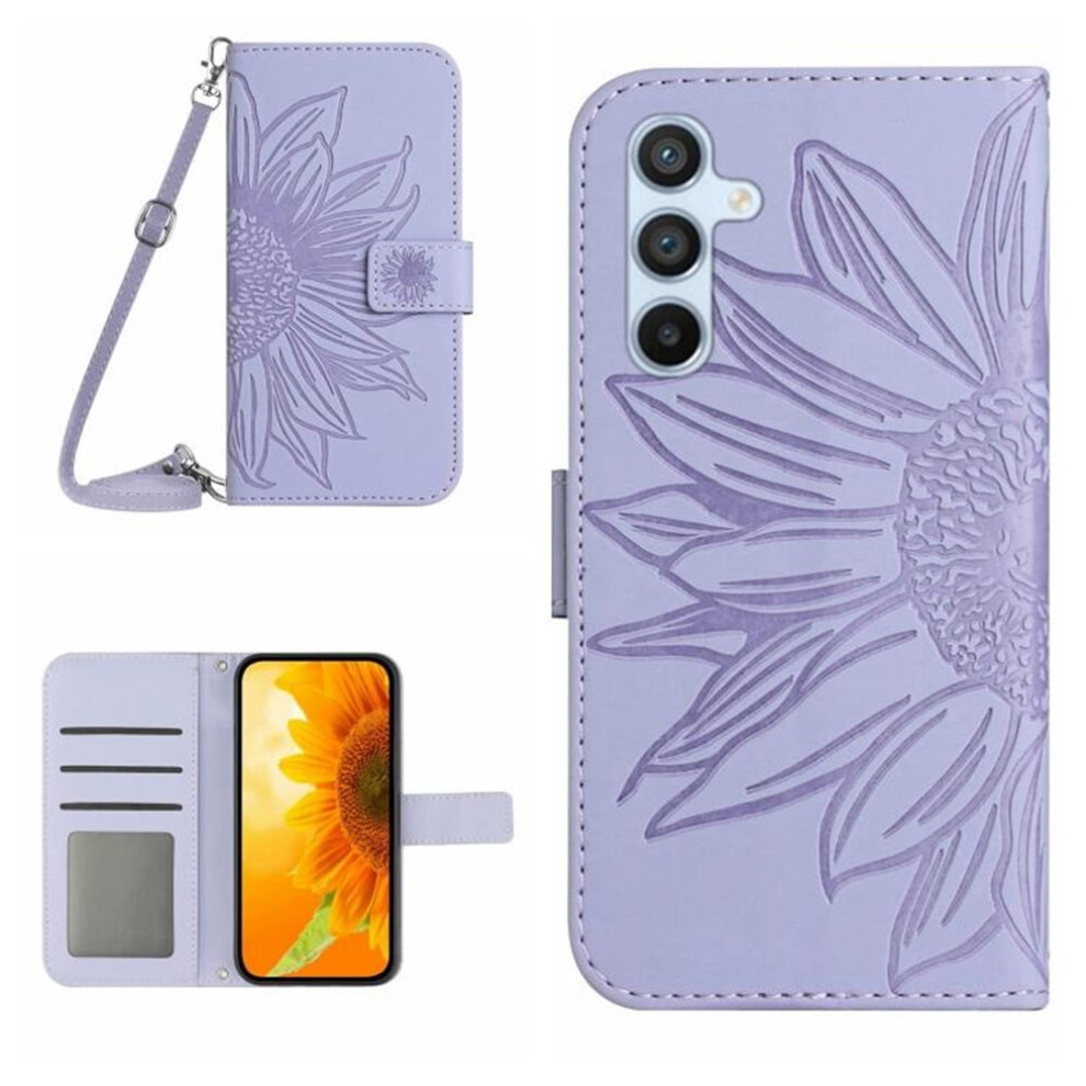 Pu Leather Flip Wallet Case For Samsung Galaxy S24 5G 6.2" Â Sunflower Embossed, Magnetic Closure, Card Slots, Hanging Rope, Compatible With Purple 9485826615620