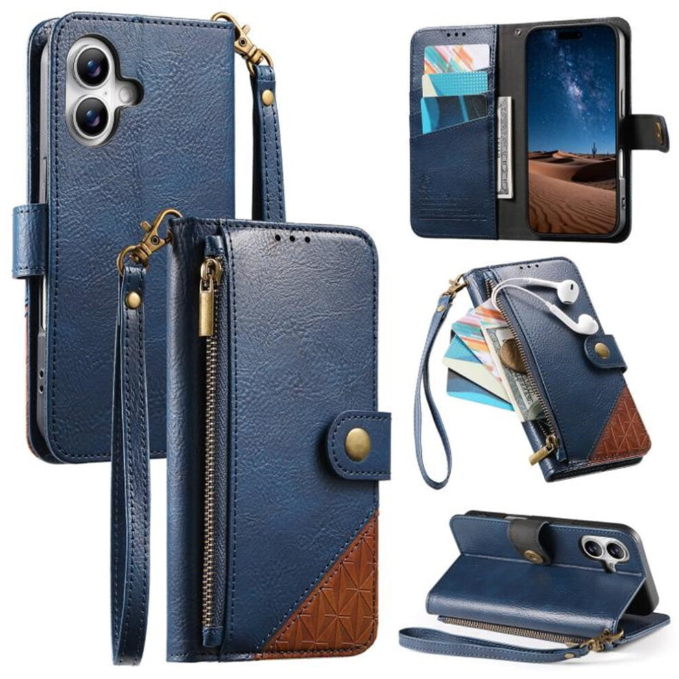 Compatible With Iphone 17: Patchwork Pu Leather Magnetic Flip Wallet With Lanyard, Wristlet & Zipper Card Holder 9152228517509