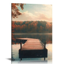 Nature Canvas Wall Art: Lake Pier & Forest Fall Scene Print, 16x20 in, for Bedroom/Bathroom