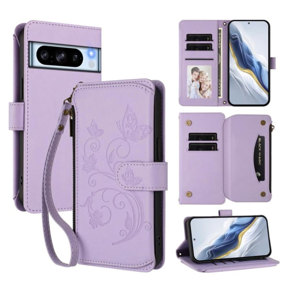 Magnetic Flip Stand Case For Google Pixel 8 ProâLight Lanyard, 5-Card Holder, Butterfly Flower Zipper Wallet, Leather Purple 9130661915724