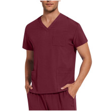 asdoklhq Scrubs for Men Cozy Fit Men's Solid Color V-neck Pocket Caregiver Short Sleeved Nurse Uniform Blouses Wine M