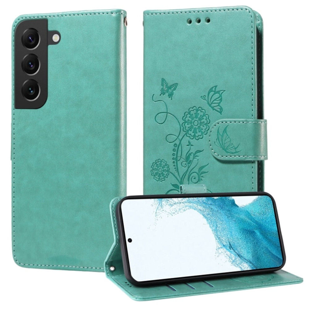 Shockproof Flip Leather Phone Case For Samsung Galaxy S22 5G Â Embossed Butterfly Flowers, Card Slots, Cash Compartment, Kickstand, Green 9485826616566