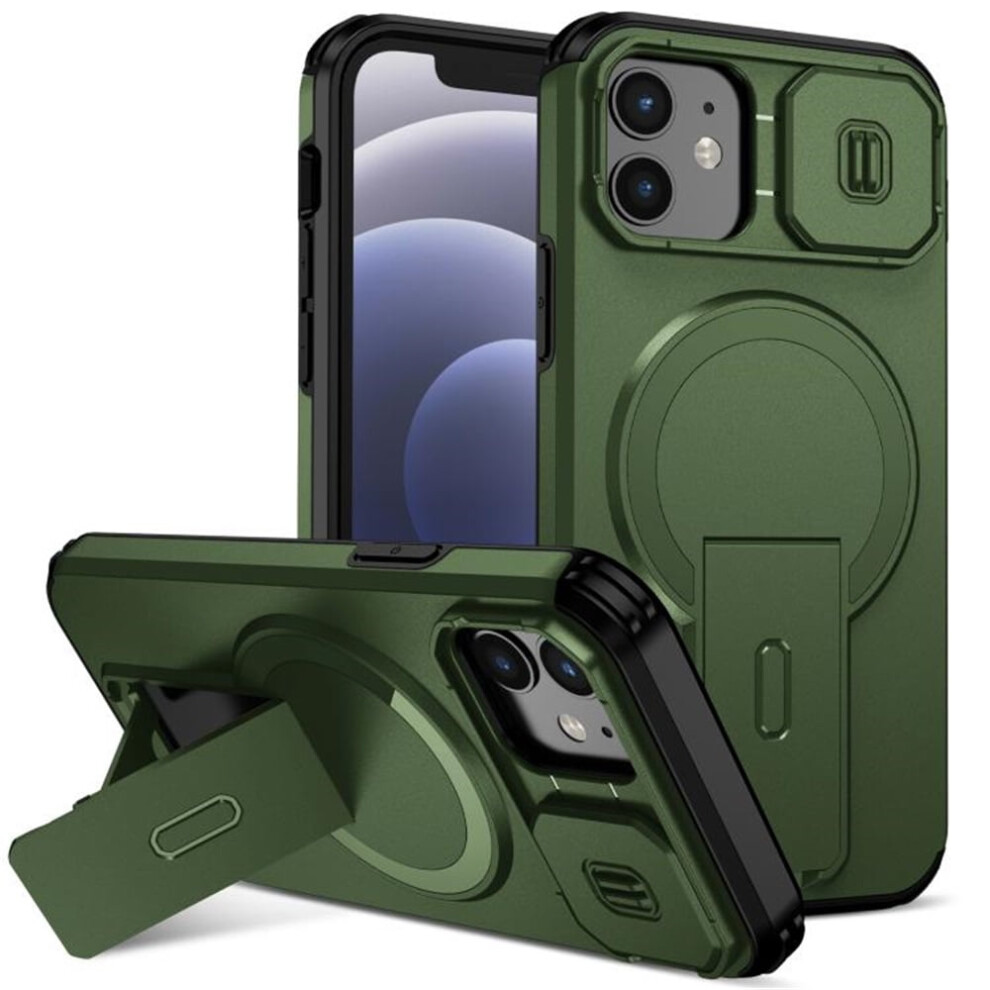 Iphone 12/12 Pro 6.1" Case – Magsafe Wireless Charging, Invisible Fold Stand, Sliding Camera Cover, Shockproof & Rugged, Green 9152228517783