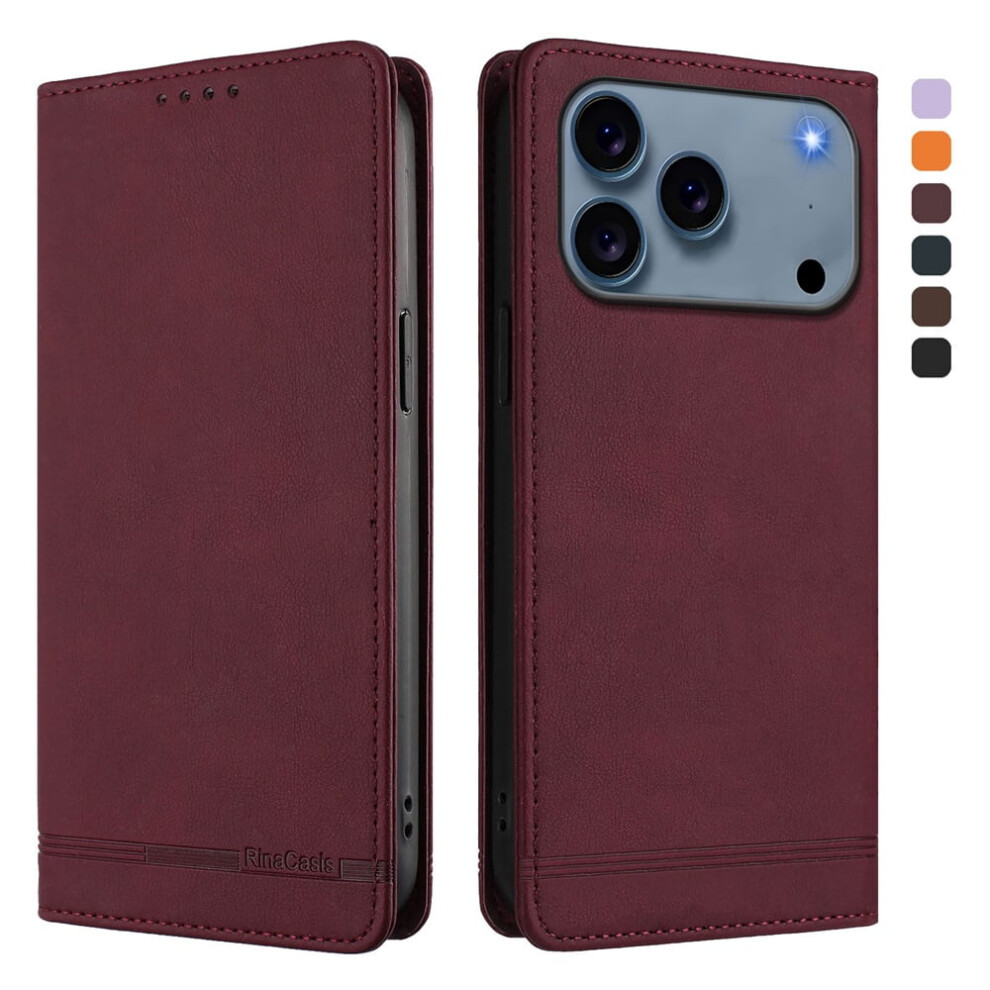 Magnetic Phone Case For Iphone 17 Pro 6.3" Â Rfid Blocking, Card & Cash Slots, Kickstand, Shockproof Flip Folio, Red 9165521628650