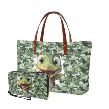 2er-Pack Camouflage-Dinosaurier-Handtasche & schlankes Portemonnaie-Set für Damen/Mädchen – Tragetasche mit Henkel & lässige Schultertasche aus