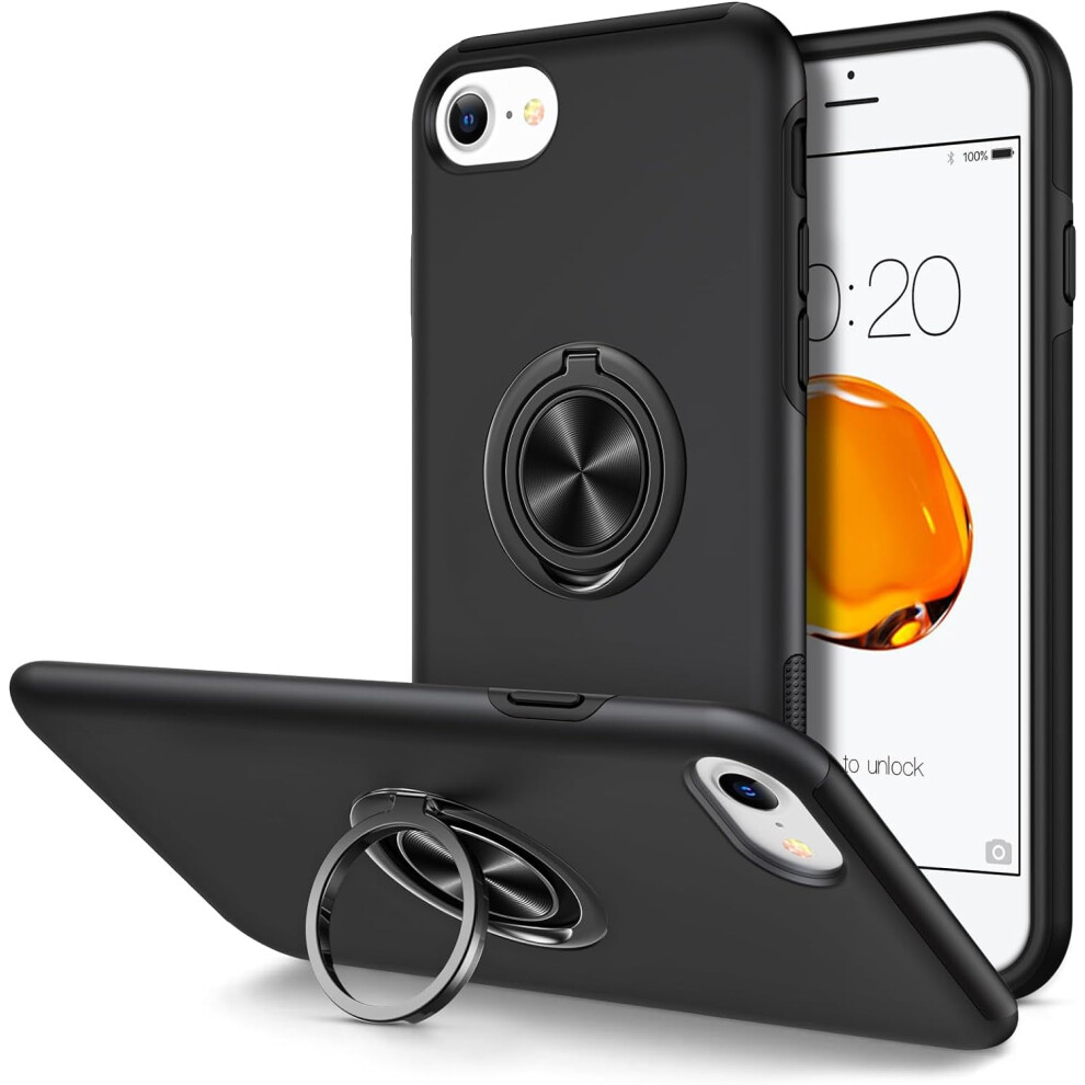 Heavy Duty Defender Case For Iphone Se 2022/2020, 7, 8 Â Shockproof Military Bumper With Ring Holder & Magnetic Kickstand, Black 9170372123629
