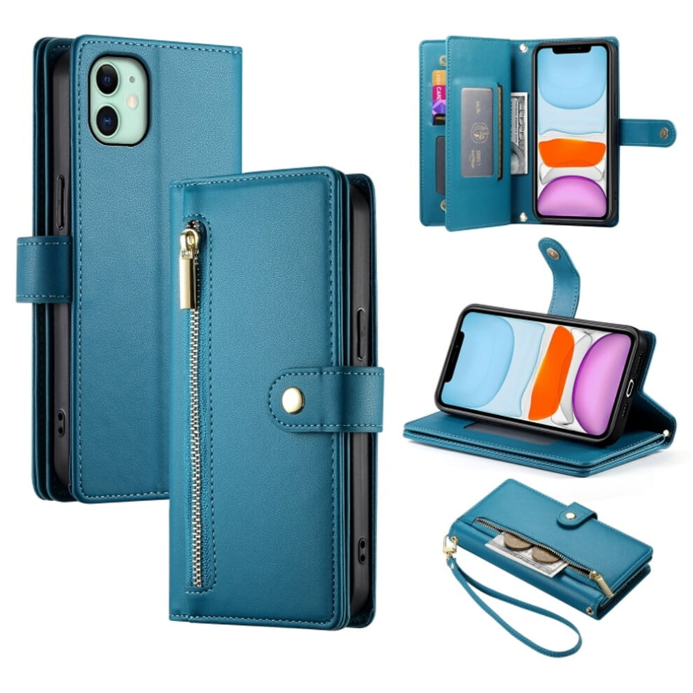Leather Wallet Case For Iphone 11 (6.1") Â Multi-Card Slots, Zipper Pocket, Lanyard Strap, Wristlet Â Compatible With Iphone 11 Blue 9152228518131