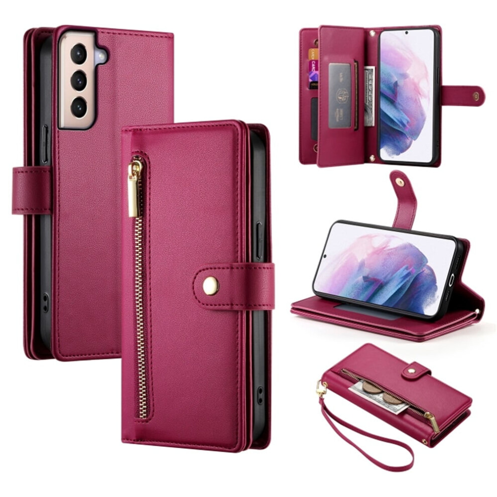 Leather Wallet Case For Samsung Galaxy S21+ 5G (6.7"), Compatible With Multi-Card Slots, Zipper Pocket, Lanyard Strap Red 9193271820512