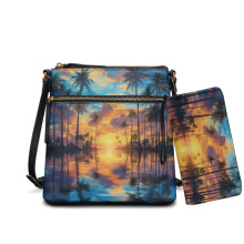 Set aus Umhängetasche und Geldbörse aus PU-Leder mit Sonnenuntergangsmotiv und Palmenmuster für Damen, mehrere Fächer, verstellbarer Riemen –