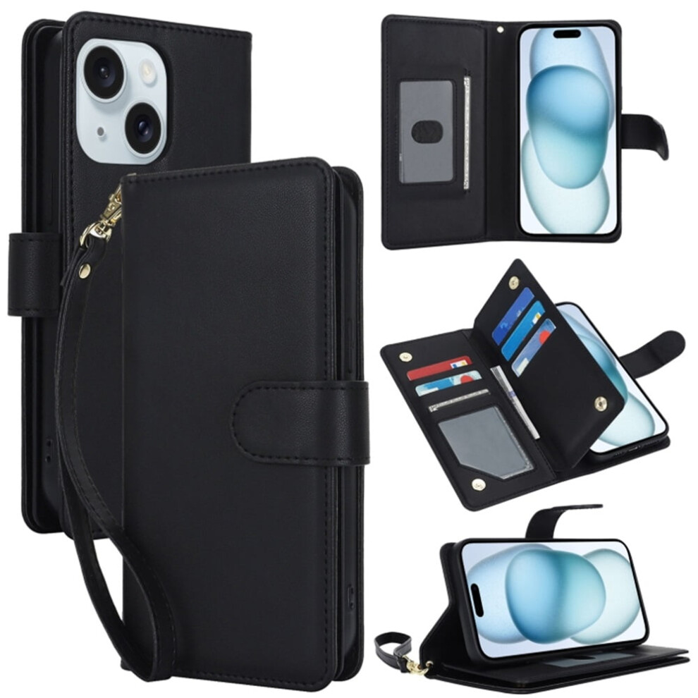 Leather Magnetic Flip Wallet Case For Iphone 15 Plus 6.7": Rfid Blocking, Kickstand, Anti-Drop Tpu, Detachable Wrist Strap, Black 9485826618492