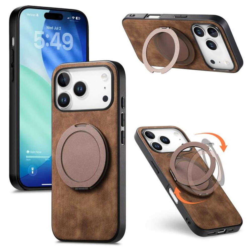 For Compatible With Iphone 17 Pro Case Retro Leather Circular Rotating Stand Shockproof Phone Case,,For Compatible With Iphone 17 Pro Brown 9130661911627