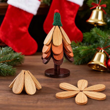 Wooden Trivets for Hot Dishes Mat Coasters Pot Plate Bowl Teapot for Kitchen Natural Foldable Stackable Christmas Tree Black Walnut Set