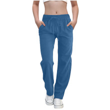 Teen Girls Casual Cotton Linen Pants Lightweight Summer Loose Fit Elastic Waist Solid Lounge Long Trousers Blue 8-9 Years