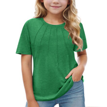 Girls Pleated T-Shirts Kids Summer Short Sleeve Solid Color Tops Tees Green 13-14 Years