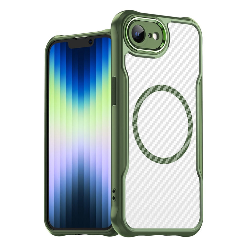 Carbon Fiber Magnetic Case For Iphone 16E, Magsafe Compatible, Translucent Matte Anti-Fingerprint, Slim Shockproof, Green 9418476680397