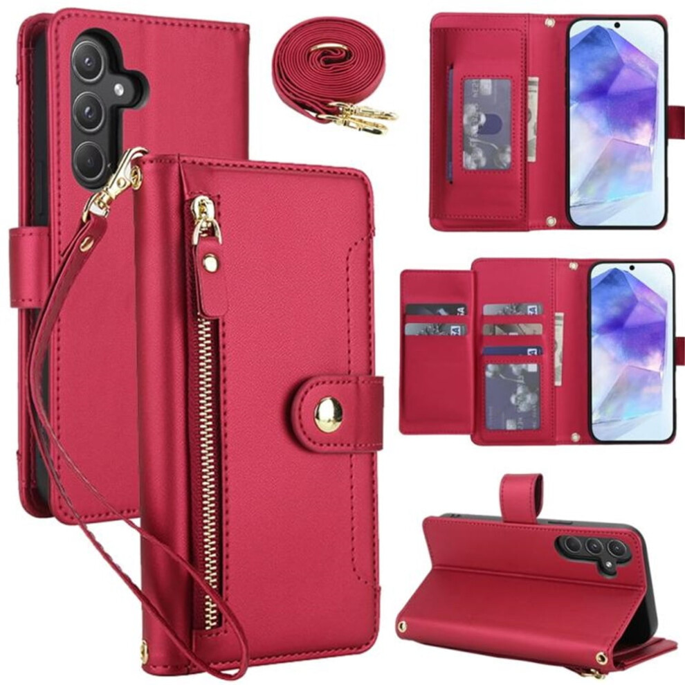 Rfid-Blocking Wallet Case For Samsung Galaxy A35 5G (6.6"), Shockproof, Multi-Card Slots, Zipper Pocket, Detachable Shoulder & Wrist Straps Â Red 9418476680755
