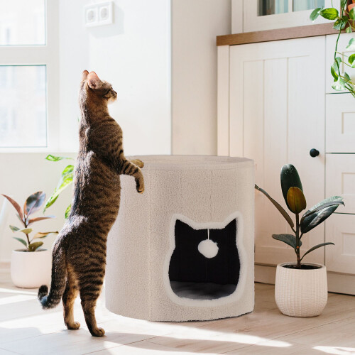 Foldable Beige Cat Cave with Cushion and Toy 1