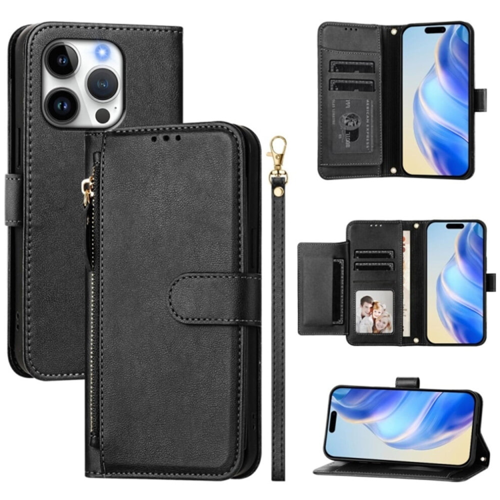 Iphone 16 Pro 6.3" Wallet Case Â Leather, Multi-Card Slots & Zipper, Compatible With Iphone 16 Pro Black 9418476680243