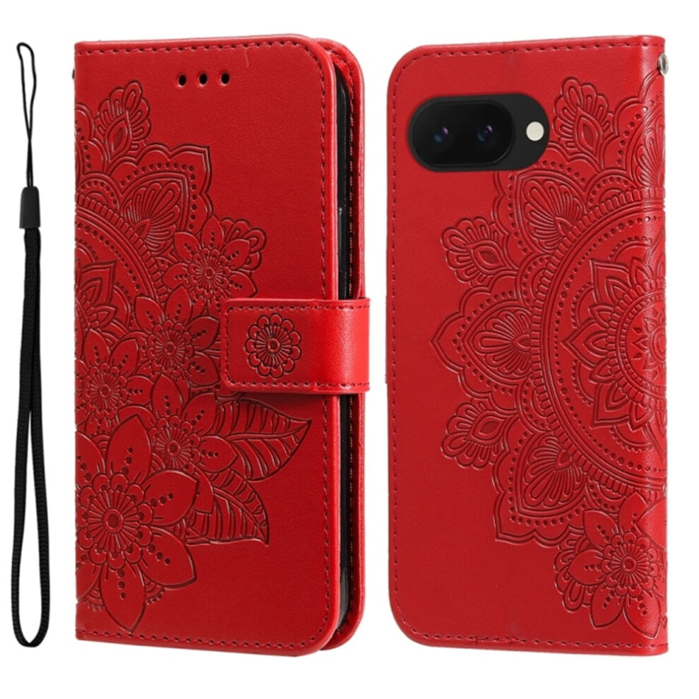 Pu Leather Flip Wallet Case For Google Pixel 9A 6.3", With Magnetic Closure, Card Slots, Hanging Rope & Seven Petal Flower Embossing, Compatible Red 9418476681059