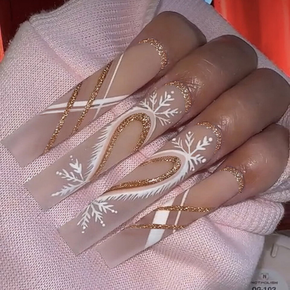 24PCS Christmas Long Coffin False Nails, Press-on Nails with Rhinestones Glitter Design, Xmas Decor for Women