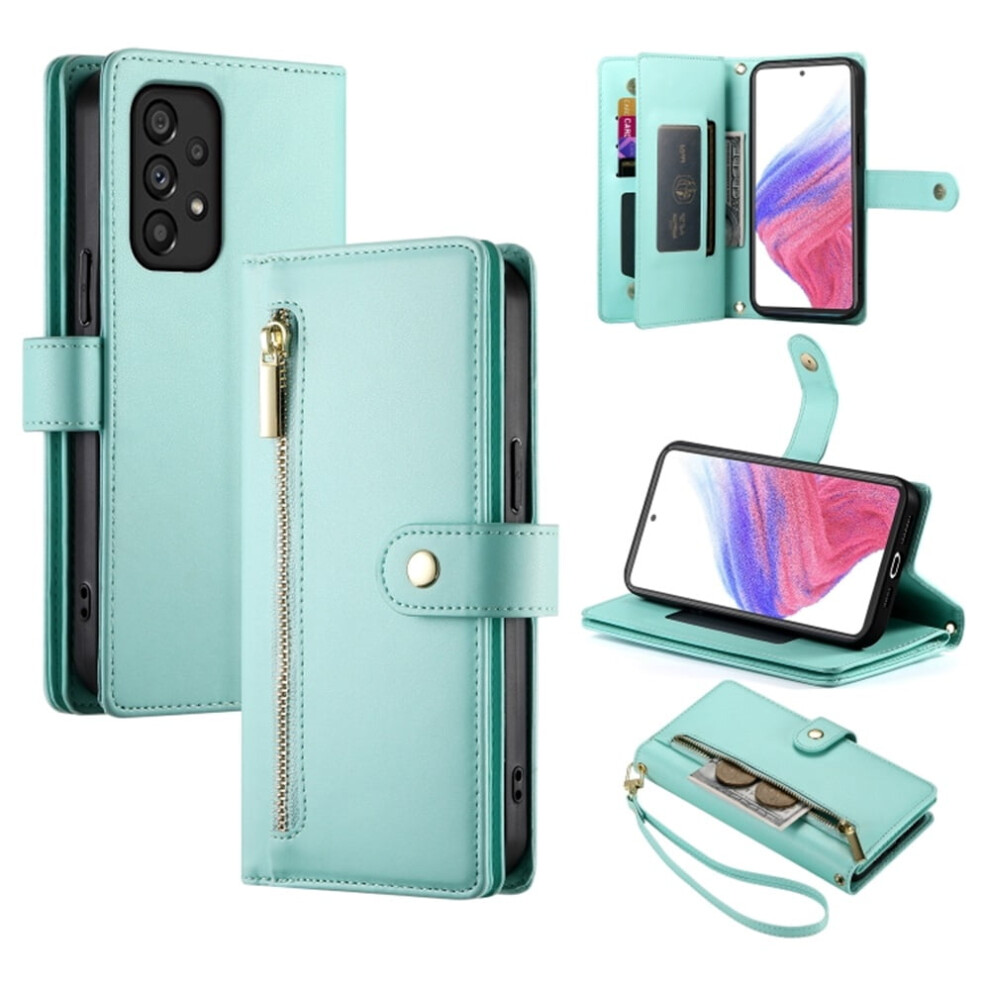 Leather Wallet Case For Samsung Galaxy A53 5G Â Multi-Card Slots, Zipper Pocket, Lanyard Strap, Wristlet Green 9130661913188