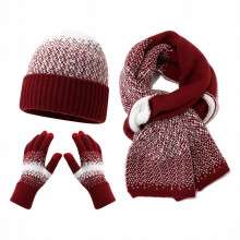 Winter Knit Set, Color Block Cuffed Beanie, Fleece Lined Hat, Matching Scarf & Gloves, 3-Piece Men's & Women's Set, Winter Outdoor Set Wine