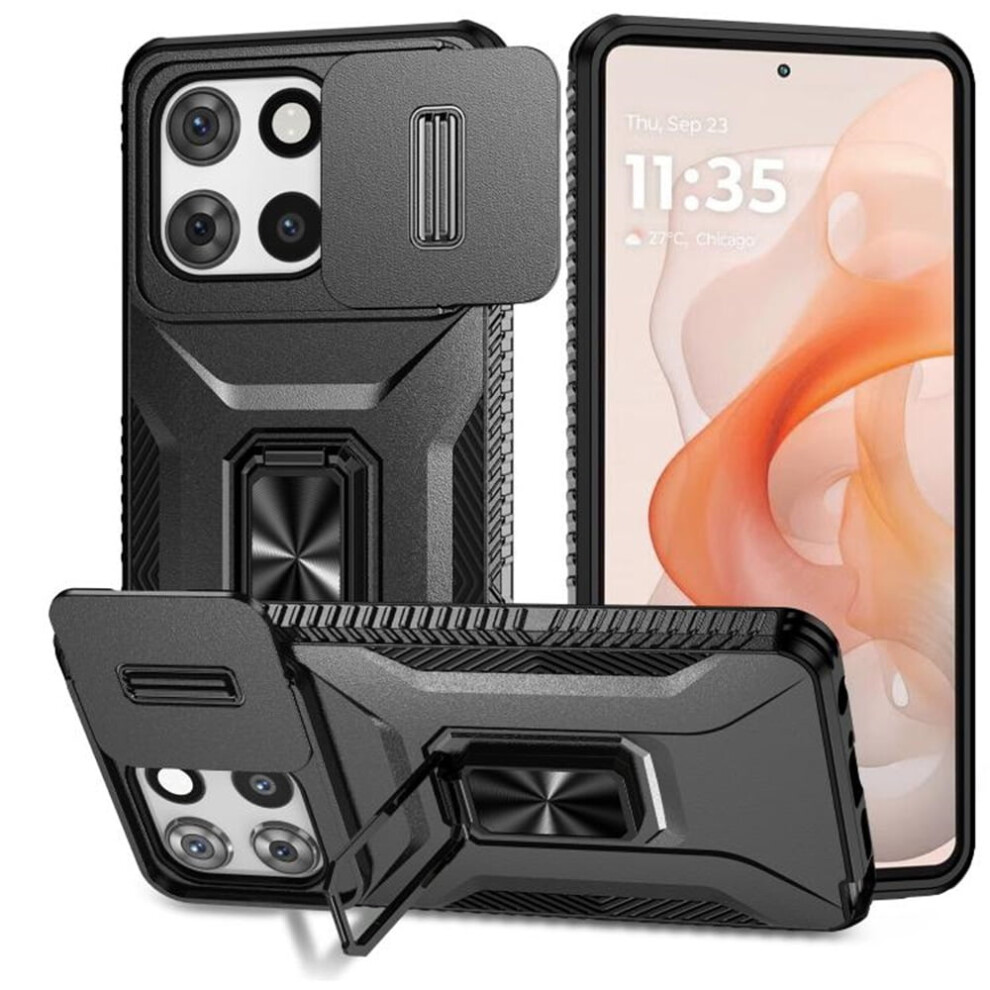 Slim Shockproof Hybrid Case For Motorola Moto G Stylus 2025 (6.7") Â Slide Camera Cover, Rotated Ring Kickstand, Military-Grade, Black 9170372127276