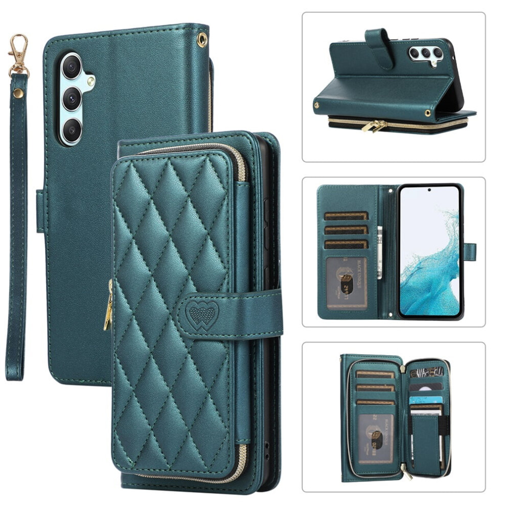 Luxury Leather Wallet Case For Samsung Galaxy S25 5G (6.2"), With Wrist/Shoulder Strap, 9 Card Slots, Zipper Purse, Stand, Checkered Design, Green 9418476678004