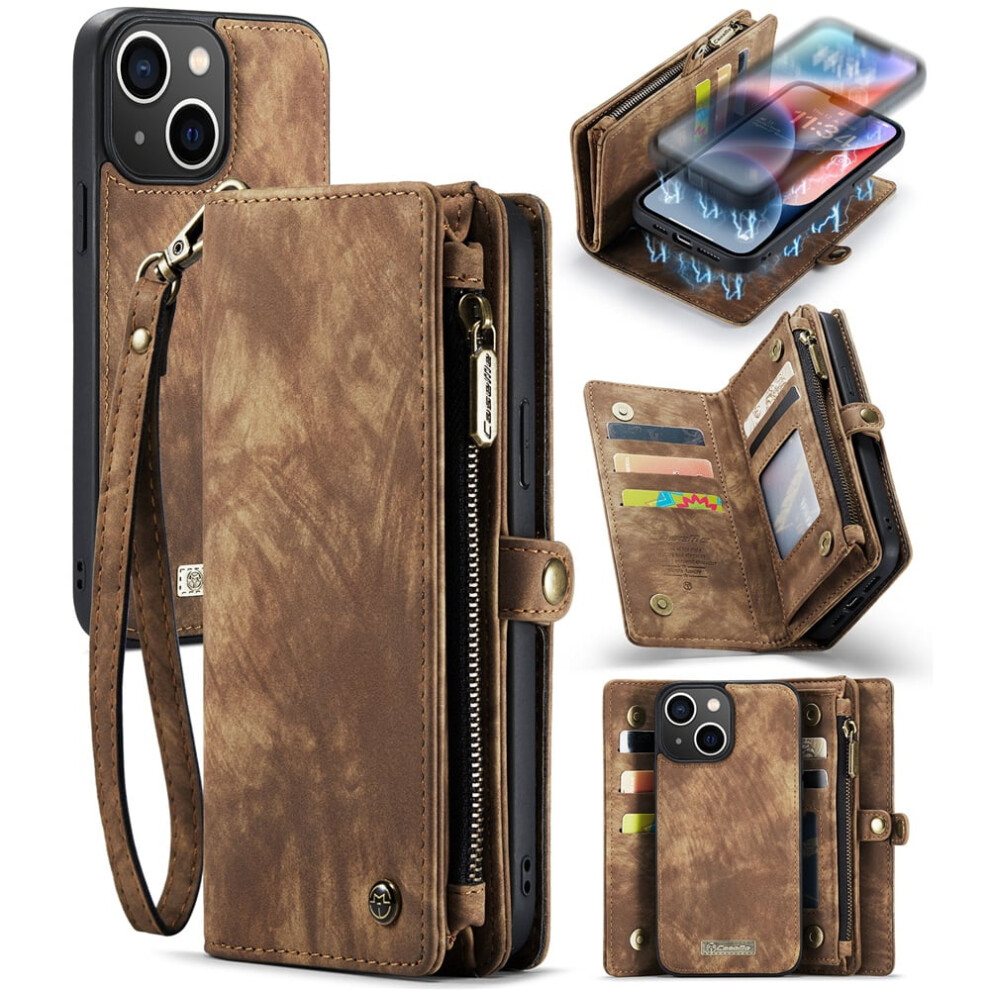Caseme Leather Wallet Case For Iphone 14 Â Detachable 8-Card Holder, Zipper Bill Slot, Magnetic Shockproof Flip Cover, Brown 9418476677762