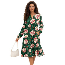 Weihnachtliches Bonbon-Midikleid für Damen, langärmelig, elastischer V-Ausschnitt, fließendes Rüschenkleid mit Stufenrock, Größe L – Party-