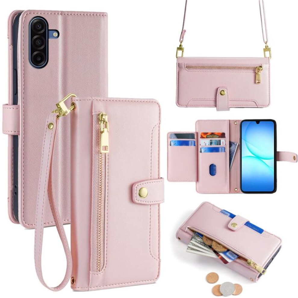 Leather Wallet Case For Samsung Galaxy A17 5G 6.7": 6-Card Holder, Zipper Bills Slot, Soft Sheepskin Strap Â Pink 9418476679360