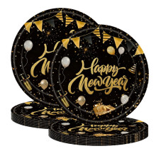 20Pcs Chinese New Year Paper Plates,9" Black and Gold Spring Festival Eve Party Decorations,Disposable Holiday Party Supplies